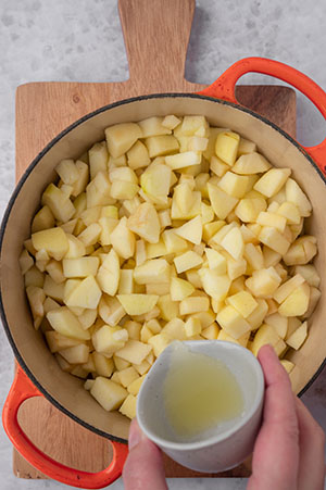 Der Zitronensaft wird über die Apfelstücke gegeben.