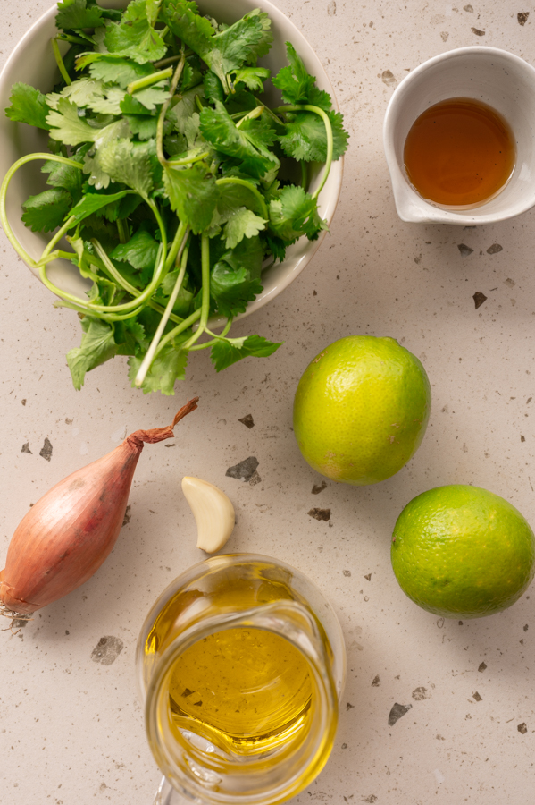 Die Zutaten für das Koriander Limetten Dressing stehen auf der Arbeitsfläche.