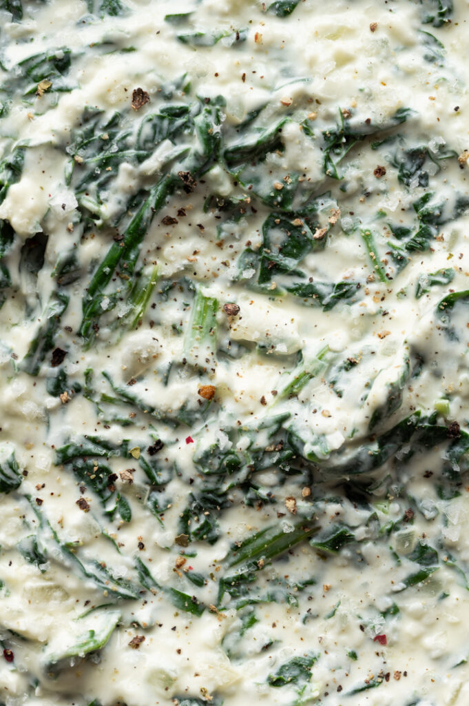 Eine Nahaufnahme des Spinat Dips mit Parmesan.